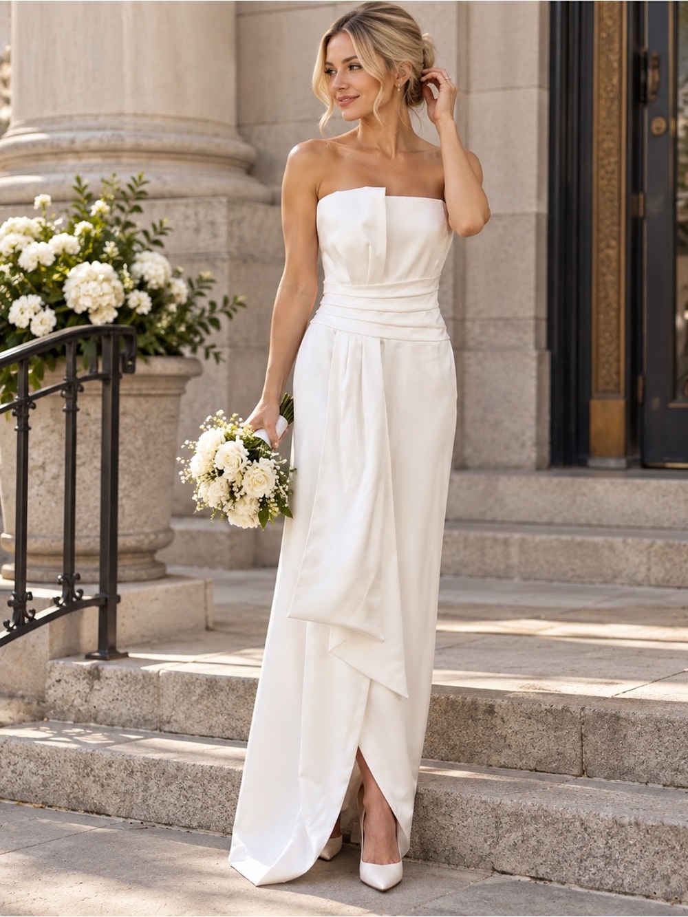 White House Black Market Strapless Satin Wedding Dress in Ivory